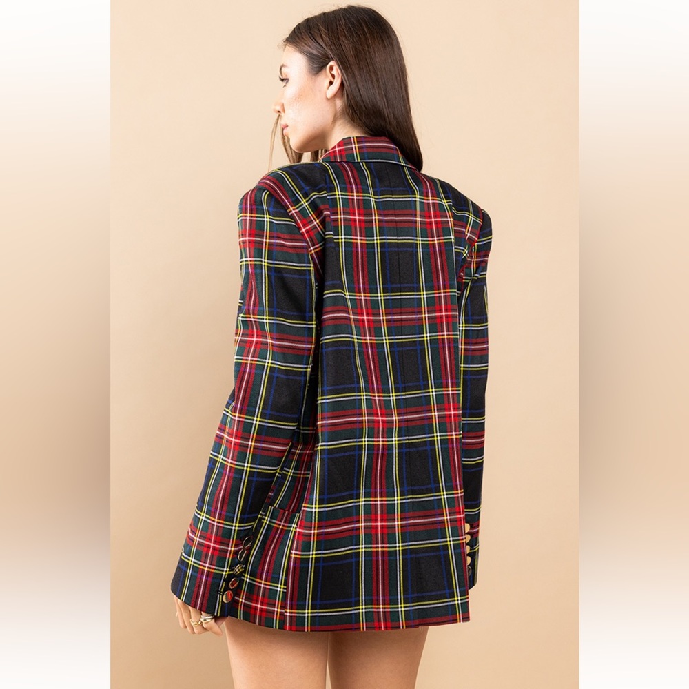 04 Chic Plaid Double Breasted Blazer Jacket - Picture 5 of 6